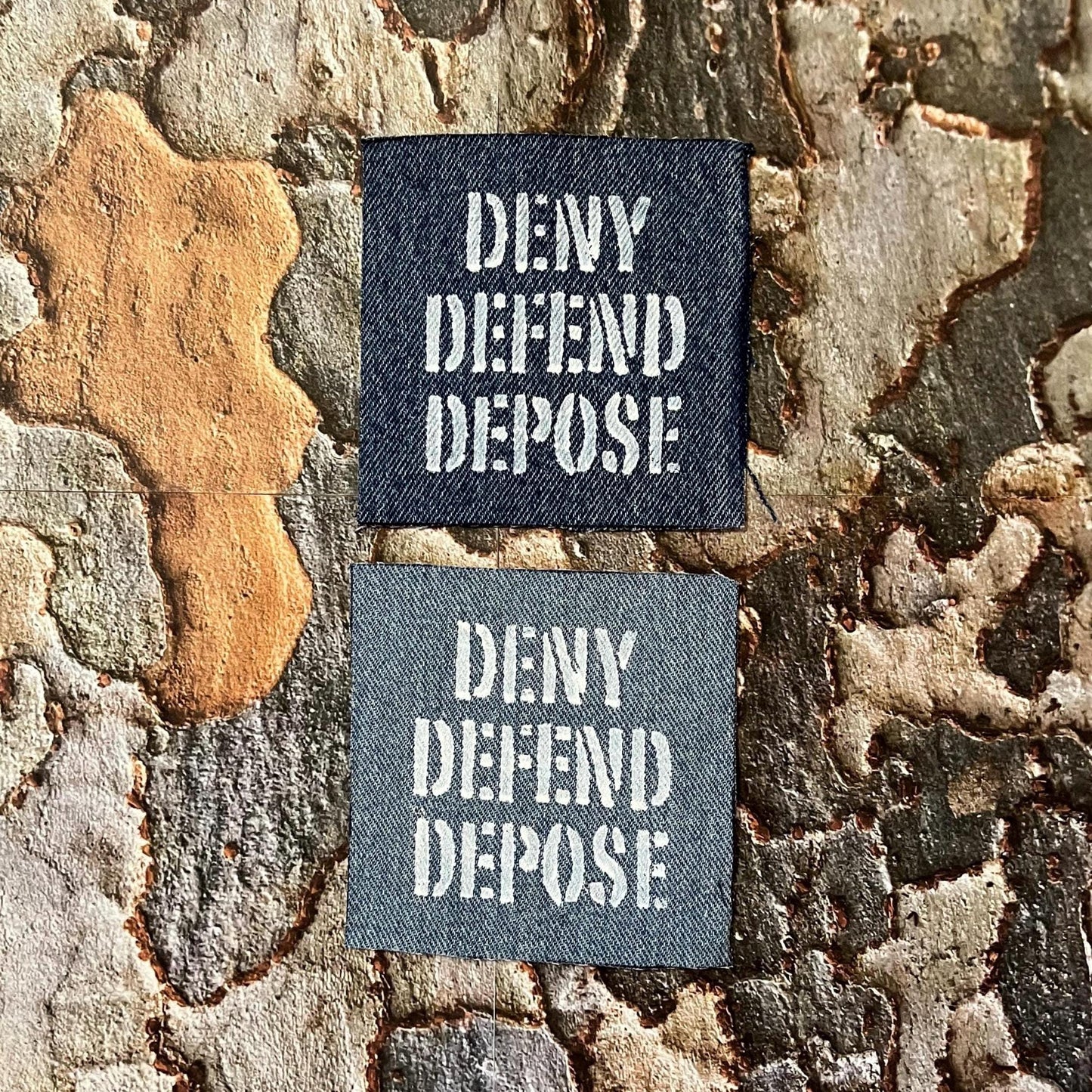 Deny Defend Depose Patch, Denim / Raw Edge / Sew On