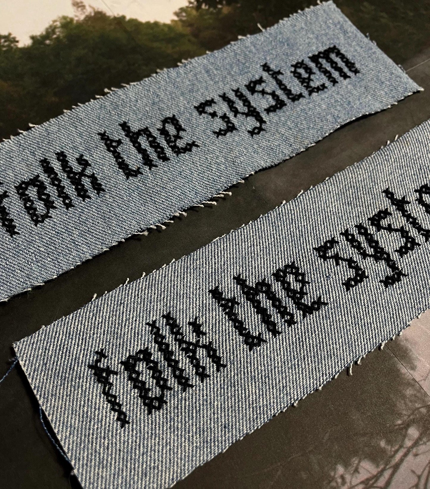 Folk The System Patch / Cross Stitched / Upcycled / Raw Edge / Sew On